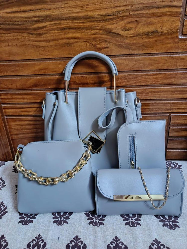 4 Pcs Women's Plain PU Leather Handbag Set