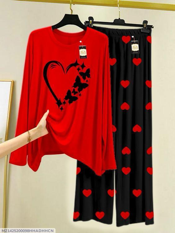 2 Pcs Women's Printed Stitched Nightwear Set