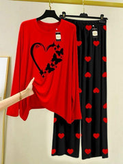 2 Pcs Women's Printed Stitched Nightwear Set