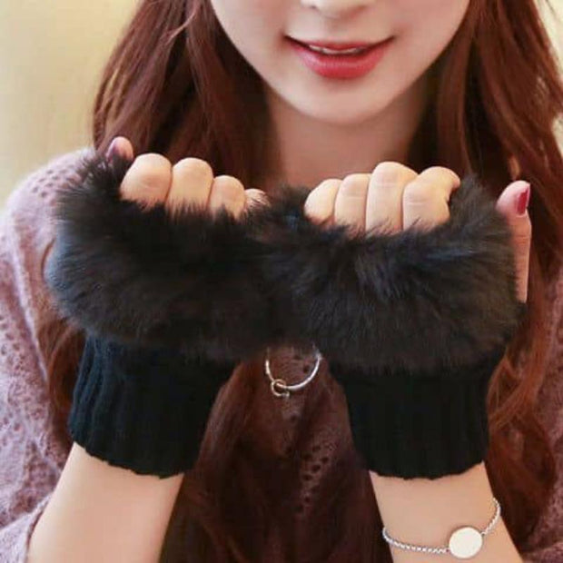 Warm Fur-Lined Fingerless Gloves for Women – 1 Pair