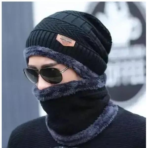 Stylish Classic Black Wool Beanie & Neck Warmer Set – 2 Pieces