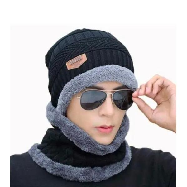 Stylish Classic Black Wool Beanie & Neck Warmer Set – 2 Pieces