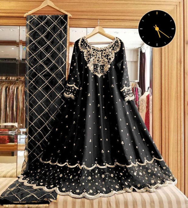 3 Pcs Women’s Stitched Embroidered Shamoz Silk Maxi Dress